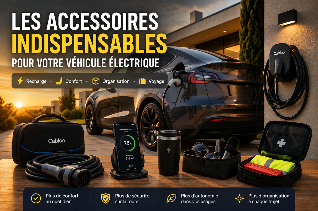 Accessoires indispensables pour véhicule électrique : câble de recharge, support de câble et équipements pratiques.