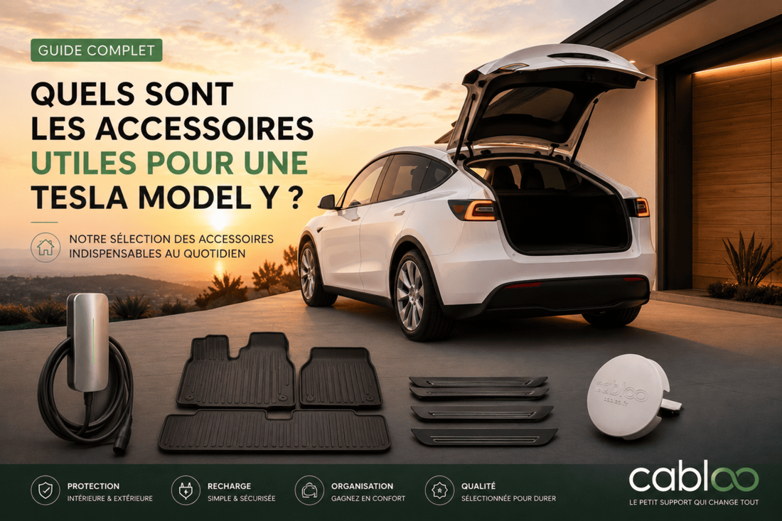 Tesla Model Y à domicile avec accessoires utiles, câble de recharge et son support, tapis de sol et protège seuil