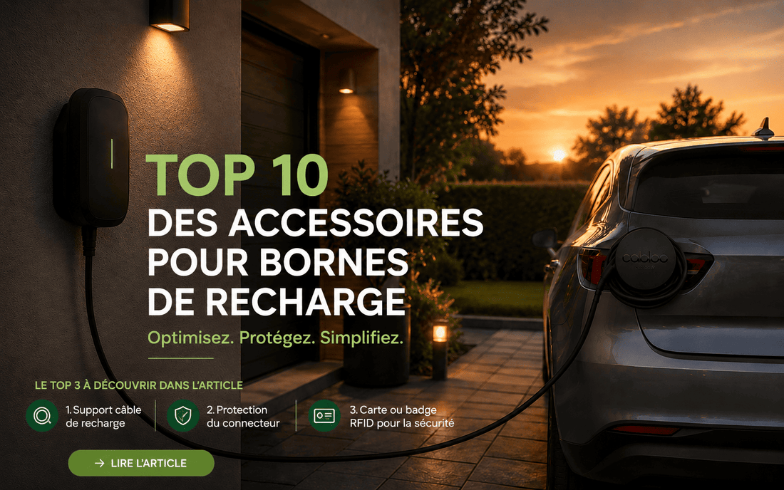 Accessoire borne recharge à domicile : câble Type 2 rangé sur un support Cabloo