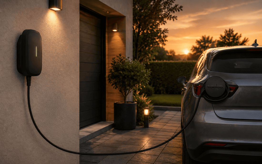 Zone de recharge VE sécurisée à domicile, câble maintenu hors du sol