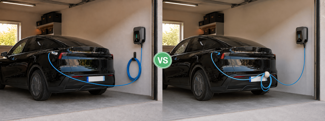 Support de câble mural ou amovible comparés dans un garage, câble de recharge Type 2 enroulé proprement en hauteur
