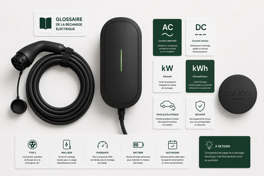 Glossaire de la recharge électrique illustré : câble Type 2, borne wallbox et pictogrammes AC, DC, kW et kWh, support de câble cabloo