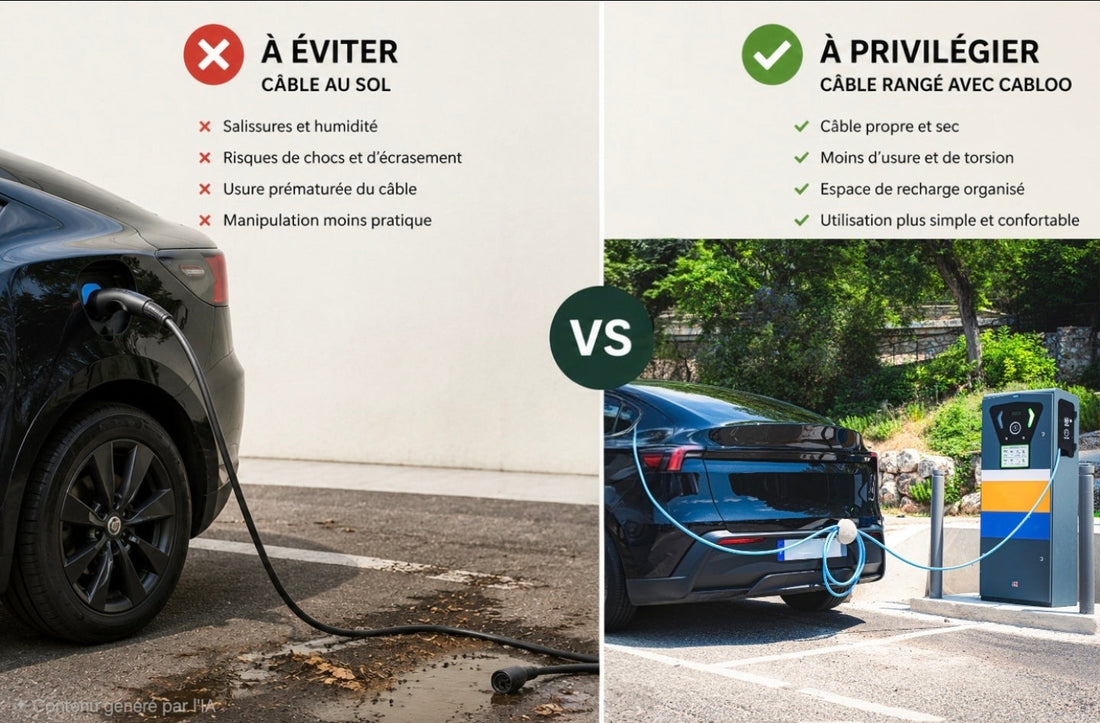 Erreur à éviter avec son câble de recharge : câble au sol abîmé contre câble rangé en hauteur sur un support