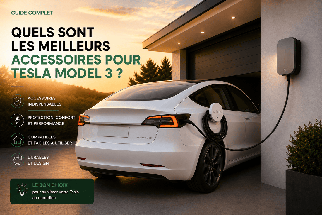 Support de câble Cabloo installé sur une Tesla Model 3 branchée à sa borne de recharge domicile.