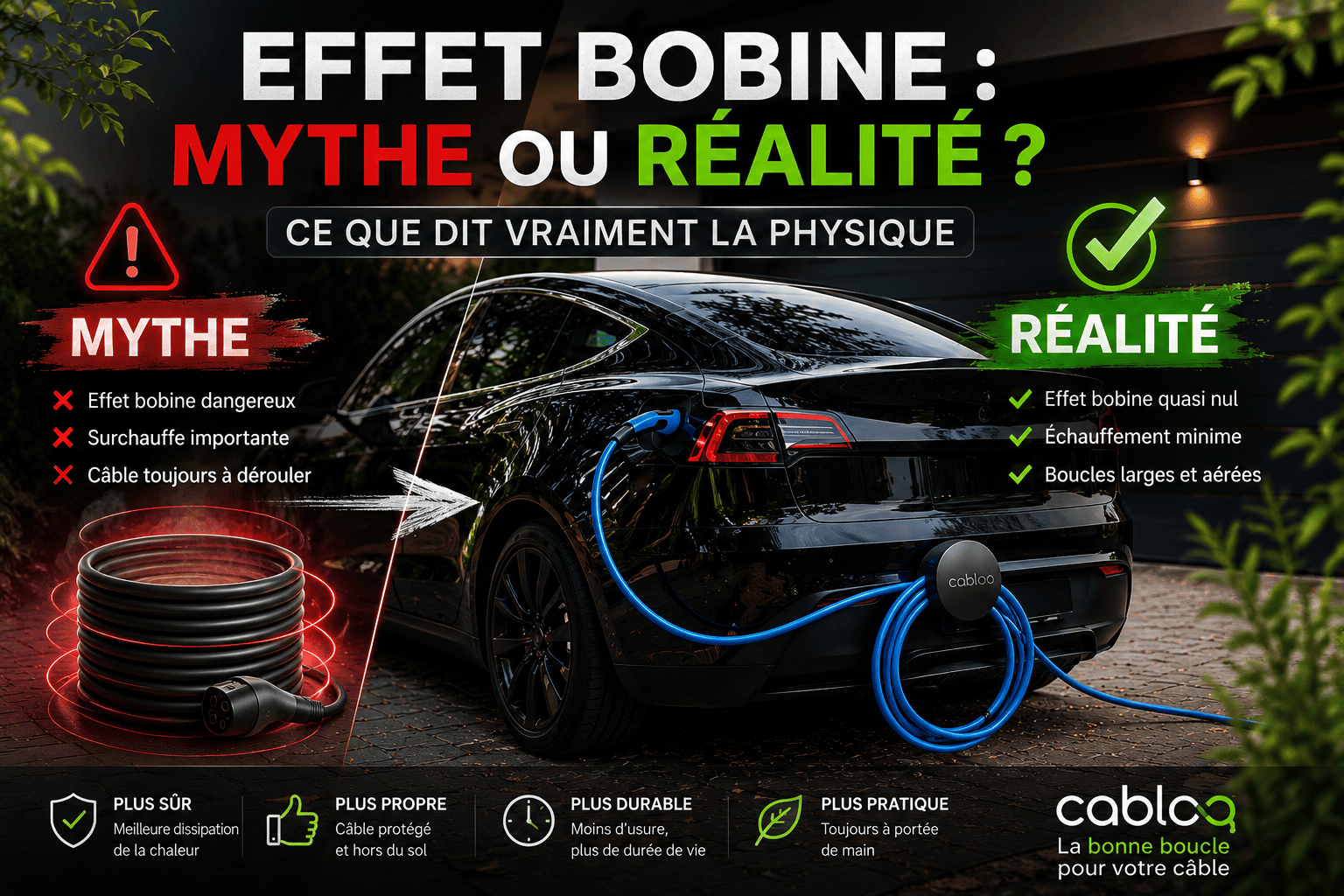Câble de recharge Type 2 rangé sur un Cabloo fixé à un véhicule électrique. Illustration du débat sur l'effet bobine lors de la recharge.