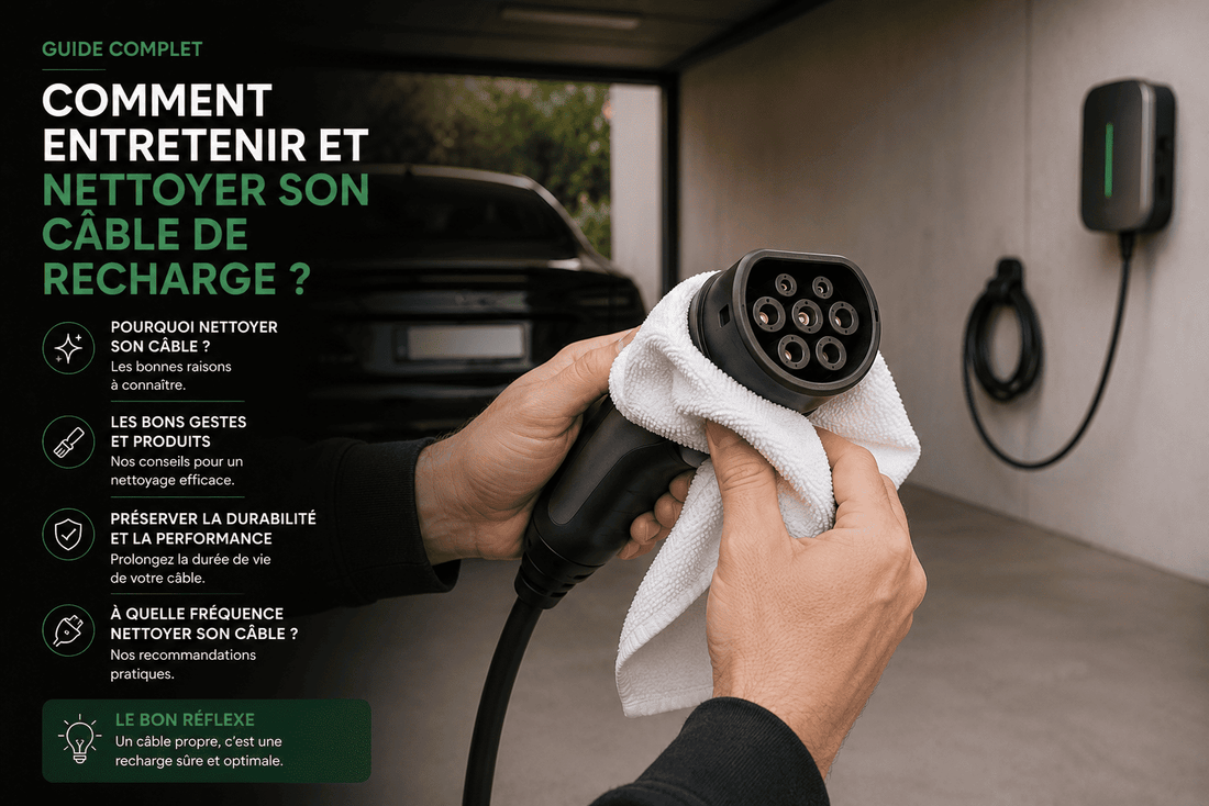 Nettoyage d'un connecteur de câble de recharge Type 2 avec un chiffon microfibre blanc dans un garage.