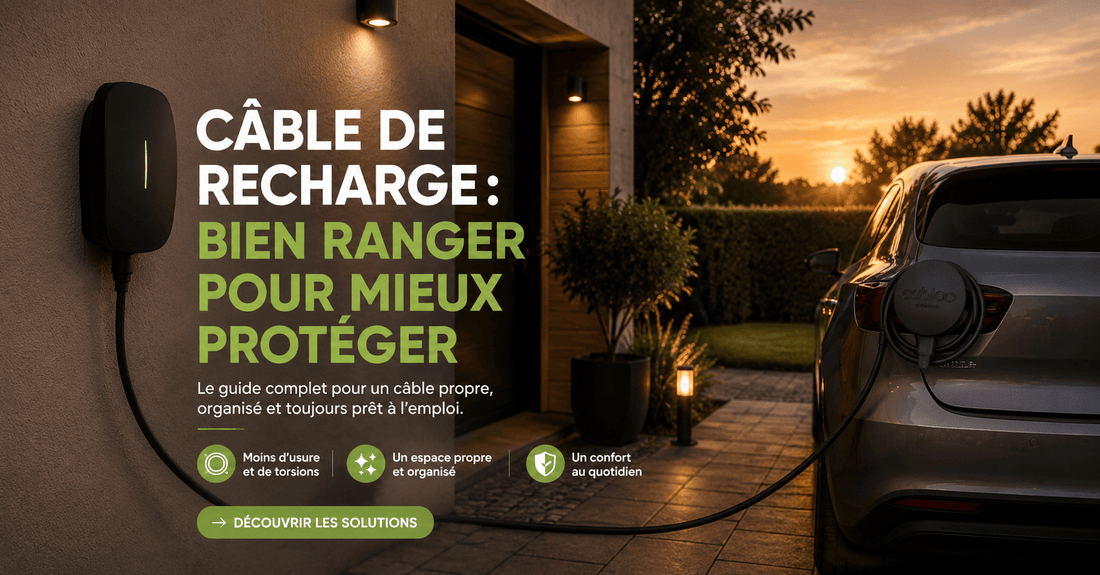 Câble de recharge de voiture électrique correctement rangé grâce au support Cabloo, maintenant le câble hors du sol pendant la recharge à domicile pour un espace propre, organisé et plus pratique.