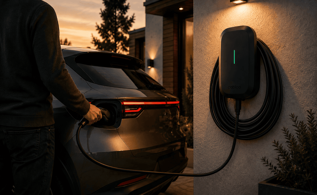 Accessoire véhicule électrique : câble de recharge rangé sur un support Cabloo