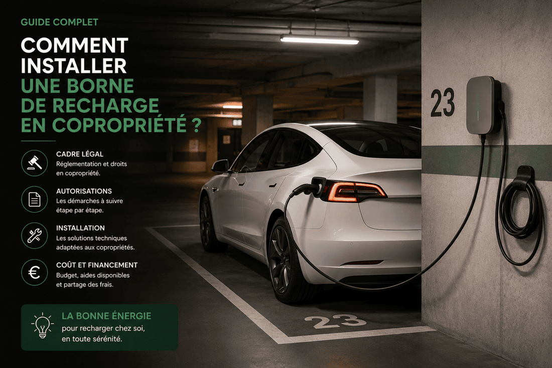  Borne de recharge en copropriété installée sur une place de parking souterrain d'un immeuble collectif moderne.