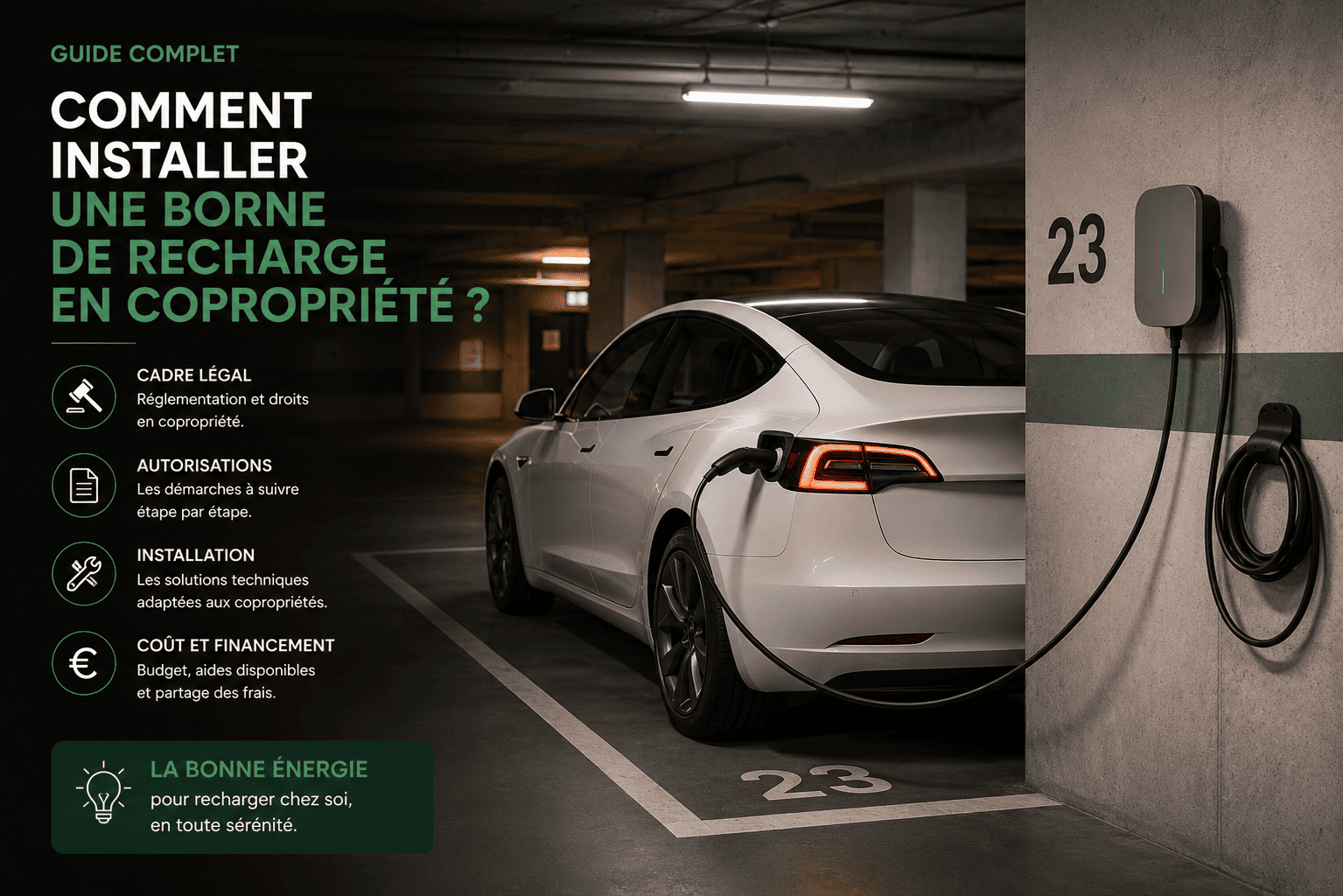  Borne de recharge en copropriété installée sur une place de parking souterrain d'un immeuble collectif moderne.