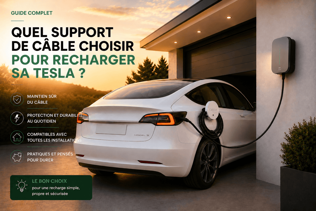Support de câble pour Tesla maintenant le câble de recharge Type 2 en hauteur dans un garage domestique.