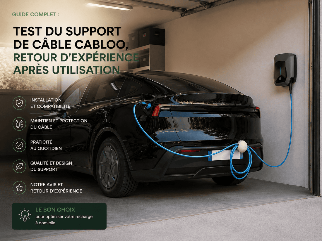 Support de câble Cabloo installé sur un hayon de véhicule électrique, maintenant un câble Type 2 de recharge voiture électrique hors du sol.