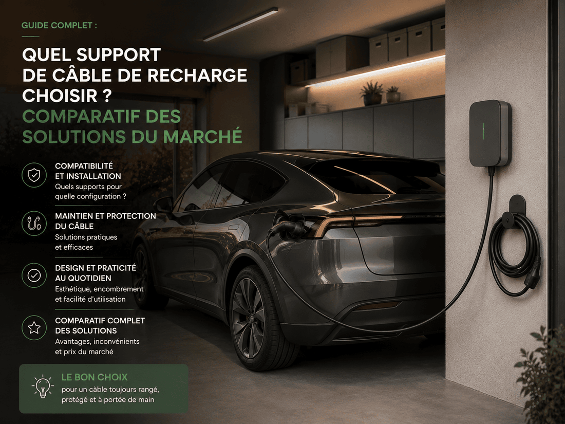 Support mural soutennat le câble de recharge, véhicule gris moderne 3/4 arrière, garage éclairé