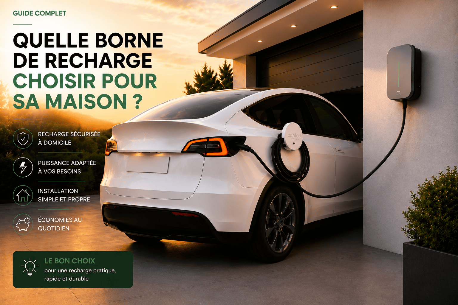 Wallbox de recharge murale installée dans un garage avec câble branché sur véhicule électrique, borne recharge maison