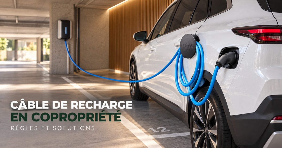Voiture électrique en copropriété, câble suspendu sur Cabloo dans la portière sans traverser le passage.