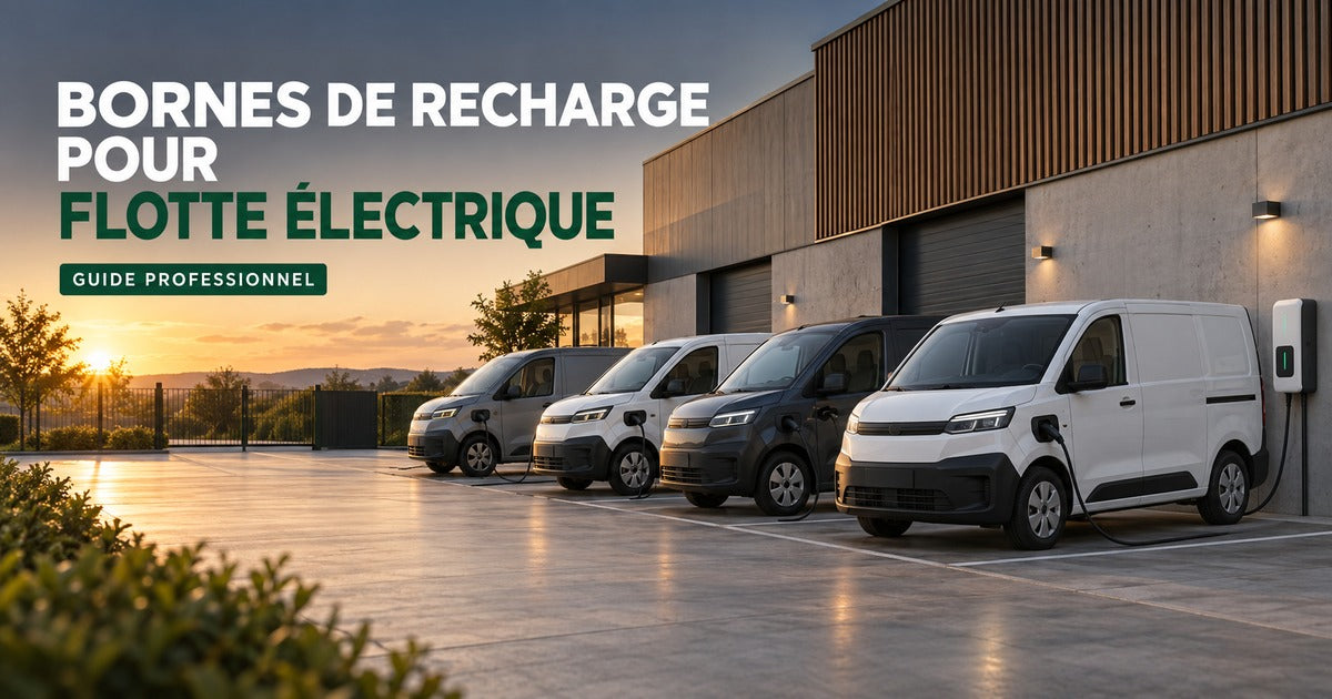 Flotte de véhicules électriques professionnels stationnée devant des bornes murales dans un dépôt d’entreprise.