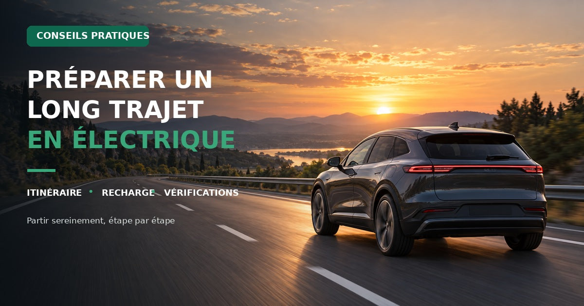 Voiture électrique roulant sur une autoroute au coucher du soleil pendant un long trajet en voiture électrique.