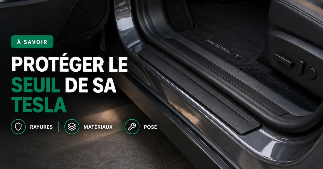 Seuil de porte d’une Tesla Model Y protégé par une protection rigide noire sur mesure.