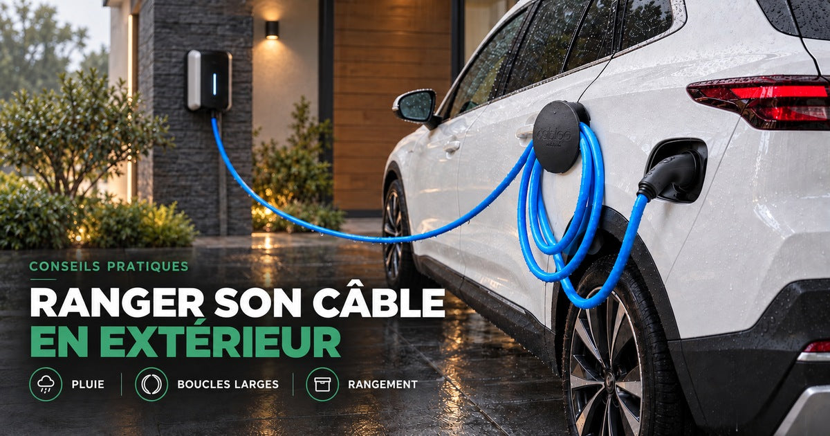 Voiture électrique branchée devant une maison sous la pluie, câble suspendu sur Cabloo dans la portière.