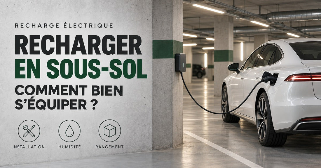 Voiture électrique en charge sur une wallbox dans un garage en sous-sol : installation, humidité et rangement.