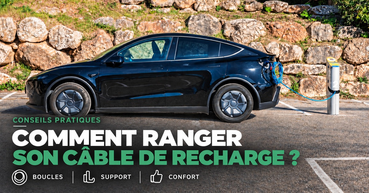 Câble bleu rangé sur un support Cabloo au hayon d’une voiture électrique pendant la recharge.