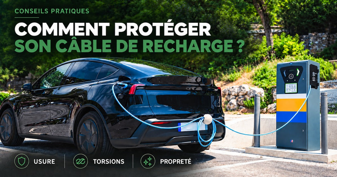 Voiture électrique reliée à une borne, câble bleu suspendu sur Cabloo pour limiter l’usure.