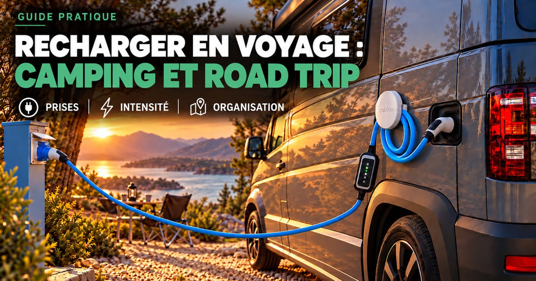 Camping-car branché à une prise CEE, câble maintenu sur Cabloo et boîtier suspendu près du véhicule.