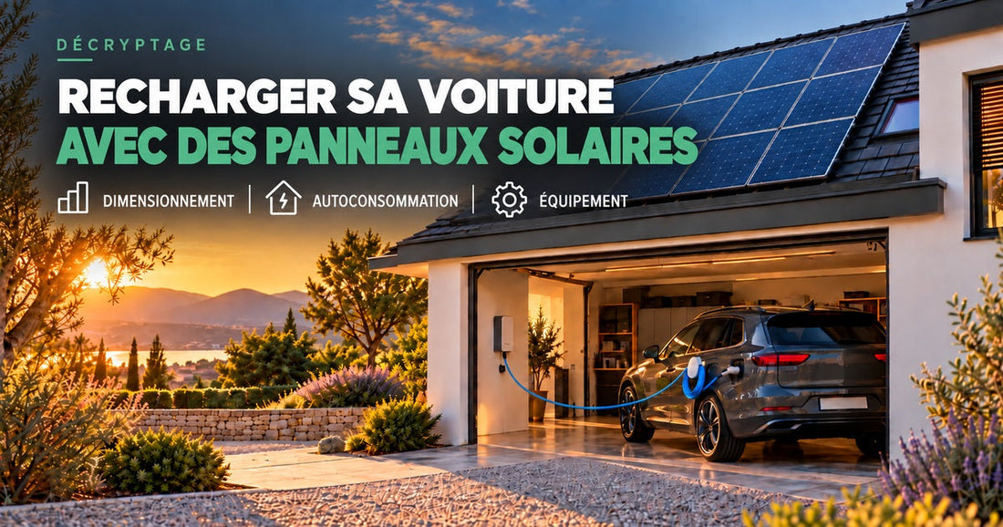 Maison équipée de panneaux solaires, voiture électrique branchée dans le garage avec câble suspendu sur Cabloo.