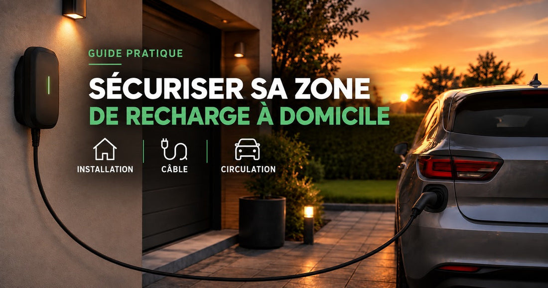 Voiture électrique branchée à une wallbox devant un garage, illustrant une zone de recharge domestique.