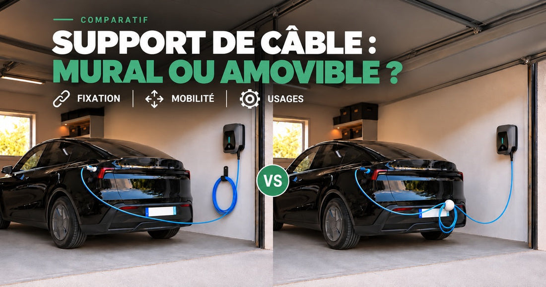 Comparaison entre support mural et support Cabloo amovible, avec câbles suspendus dans le même garage.