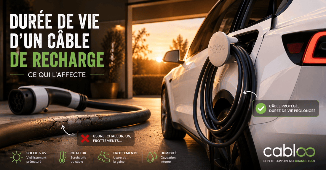 Comparaison entre un câble de recharge voiture électrique abîmé au sol et un câble neuf suspendu sur support